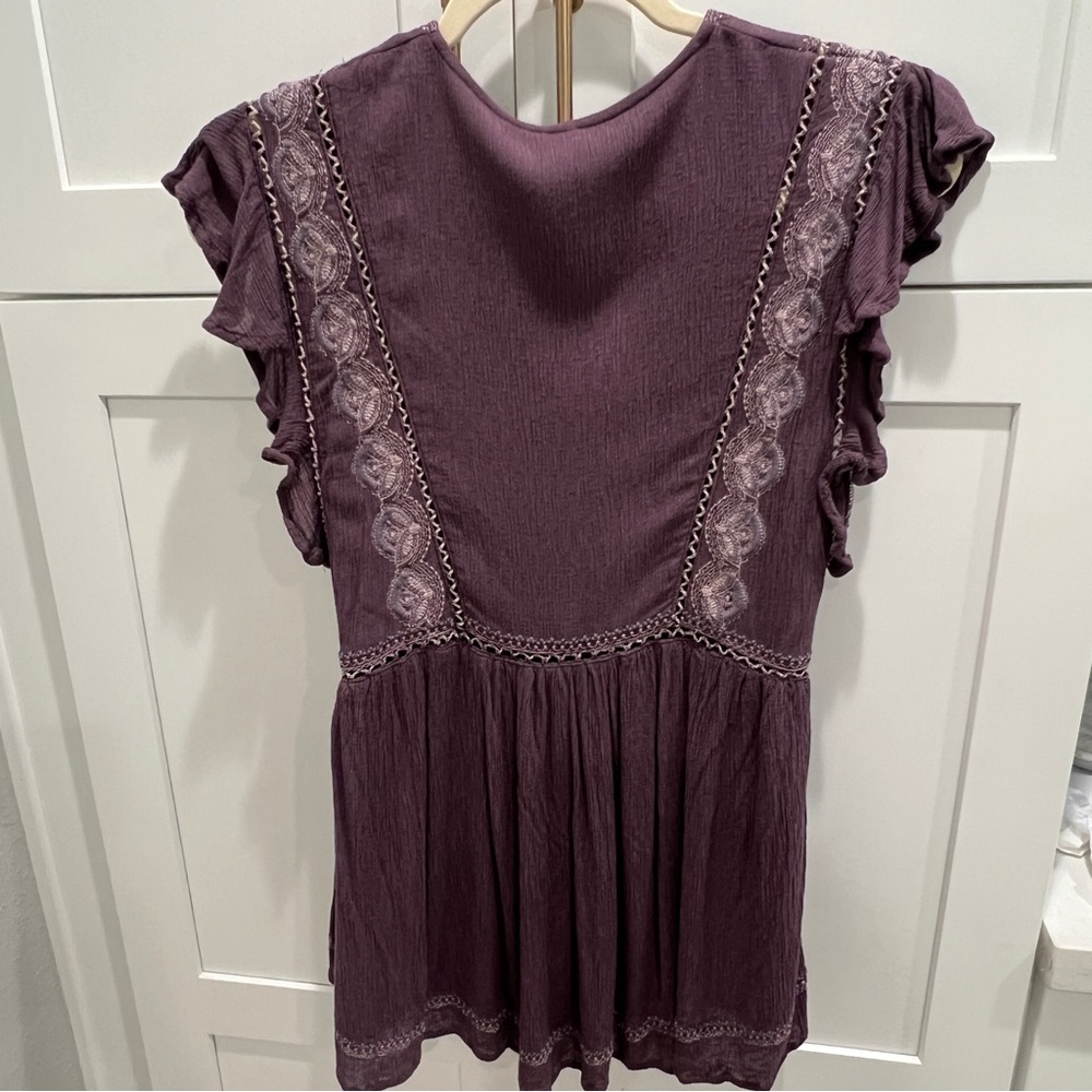 Free People XS Falling Water Purple | Plum Ruffle Embroidered Tunic Top NWOT - Picture 6 of 11